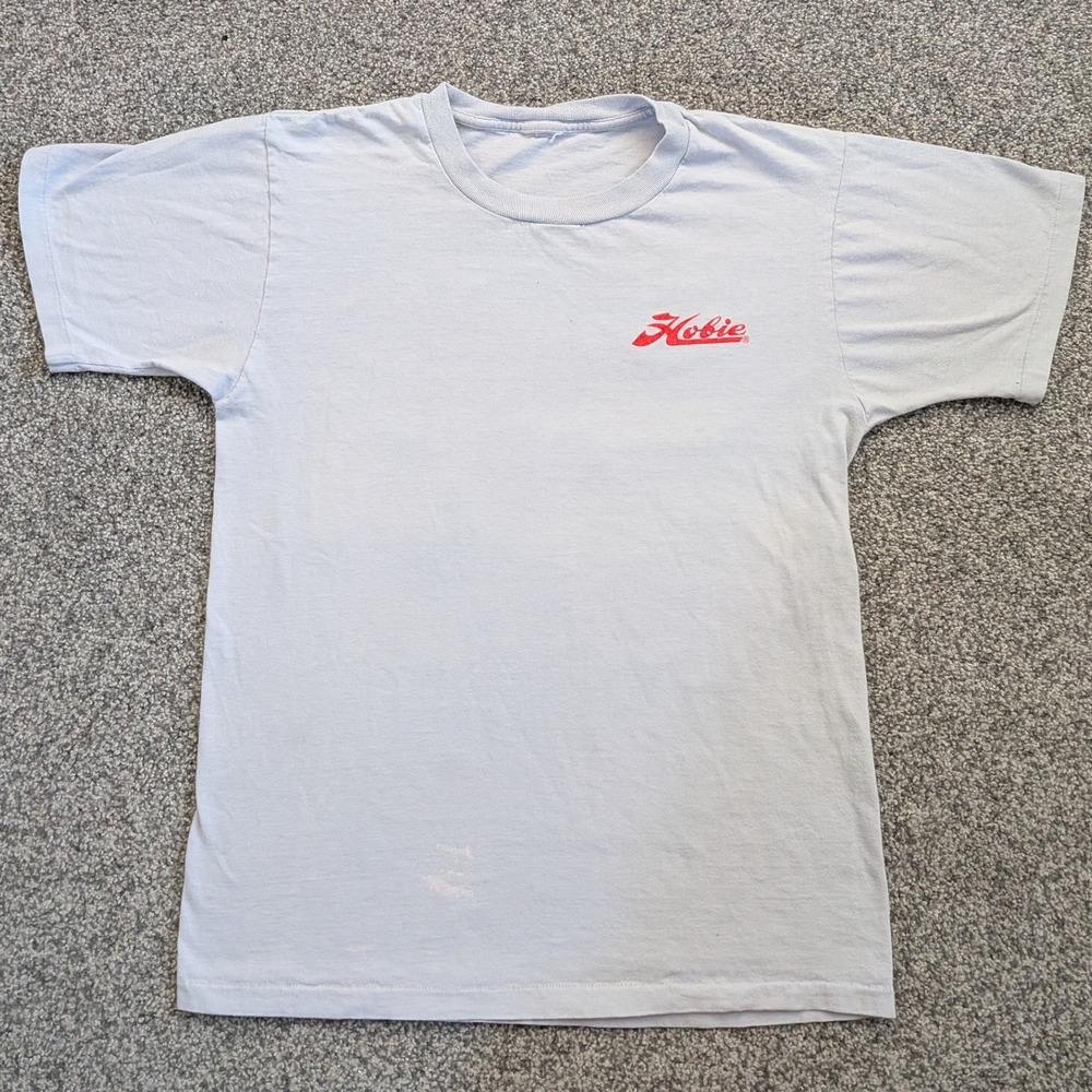 Vintage 1987 Hobie Surf T-Shirt Light Blue Graphic Tee Mens Small 80s Pier Scene